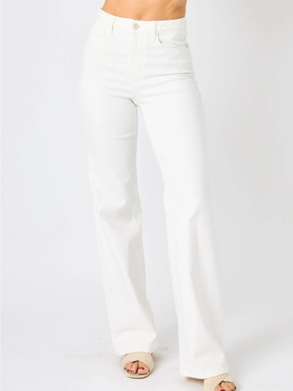 Judy Blue High Waist Braided Waistband White Wide Leg Denim Jeans 88781